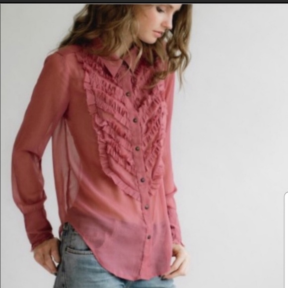 Free People Ruffle Tuxedo Shirt. Size Large - Picture 1 of 7